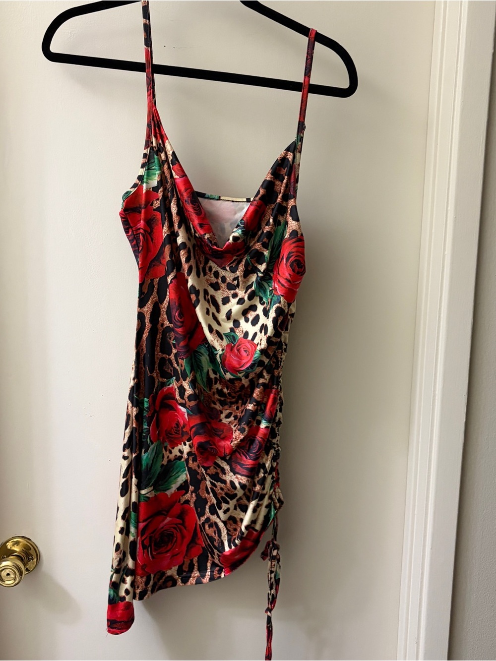 SHEIN Red Rose & Leopard Print Cowl Slip Dress